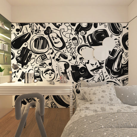 Music wall mural in modern living room showing black and white abstract pattern with musical notes