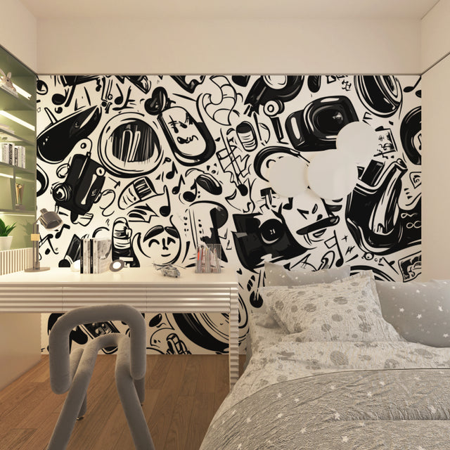 Music wall mural in modern living room showing black and white abstract pattern with musical notes