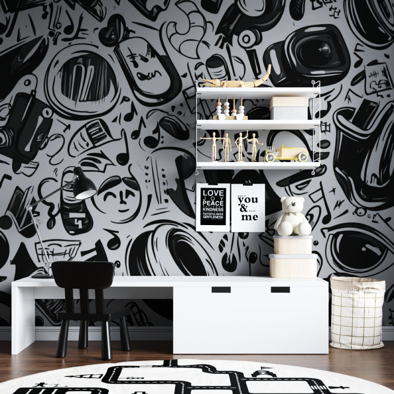 Black and white music wallpaper in teen bedroom creating dynamic atmosphere
