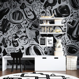 Black and white music wallpaper in teen bedroom creating dynamic atmosphere