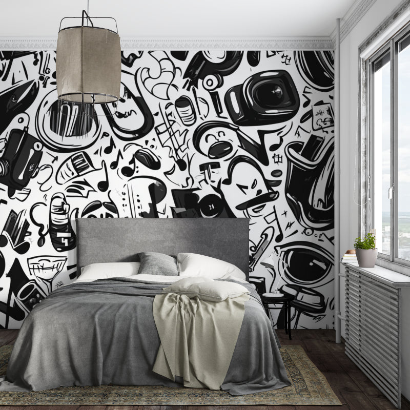 Music themed wallpaper installed in home studio space with instruments