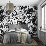 Music themed wallpaper installed in home studio space with instruments