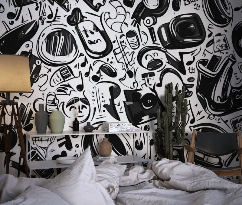 Abstract music pattern wallpaper in modern office showing scale and detail