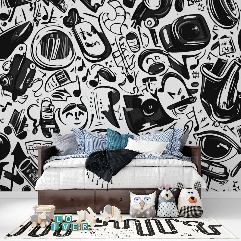 Music note wallpaper design in contemporary dining room space