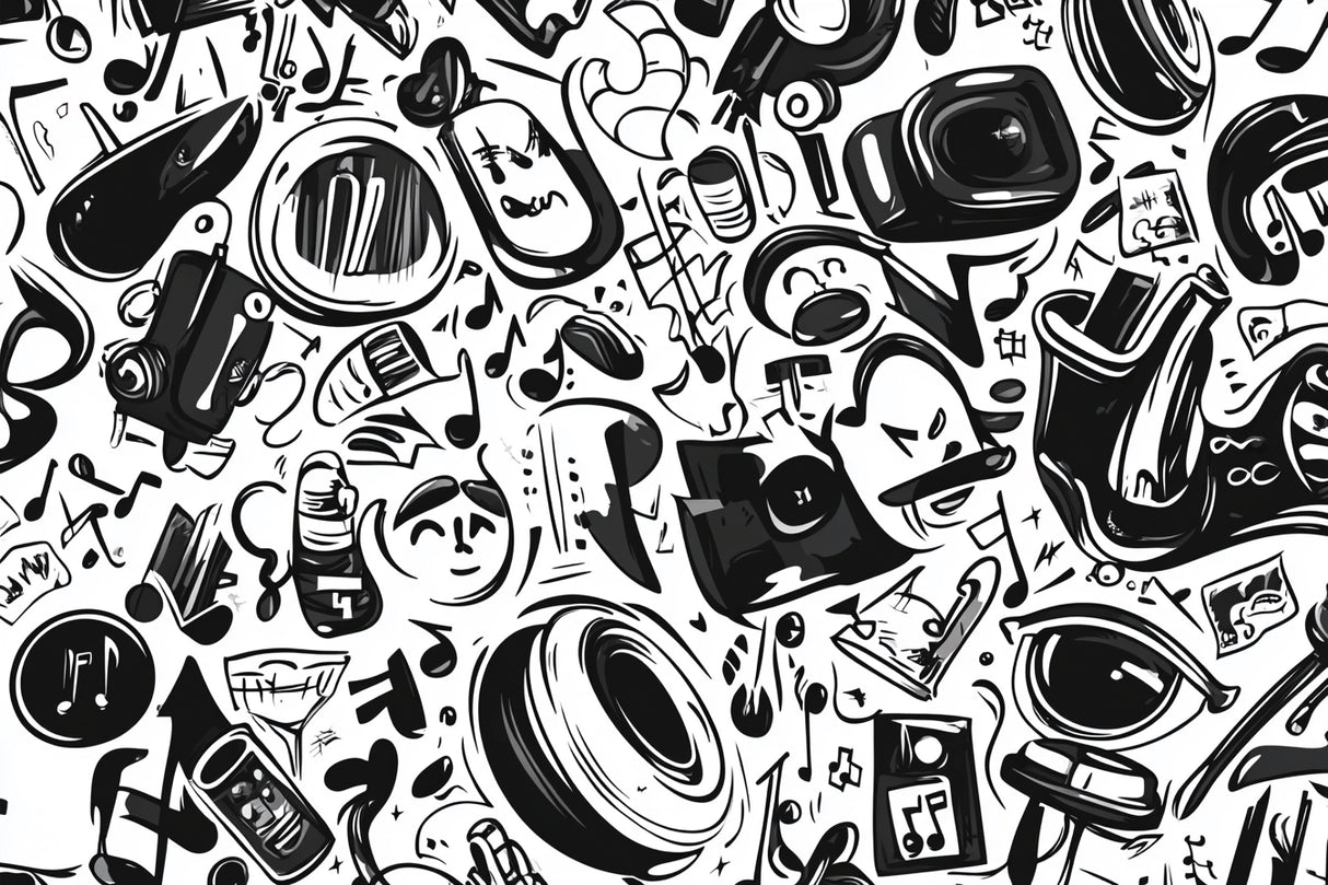 Black and white music pattern wallpaper design file showing full pattern detail