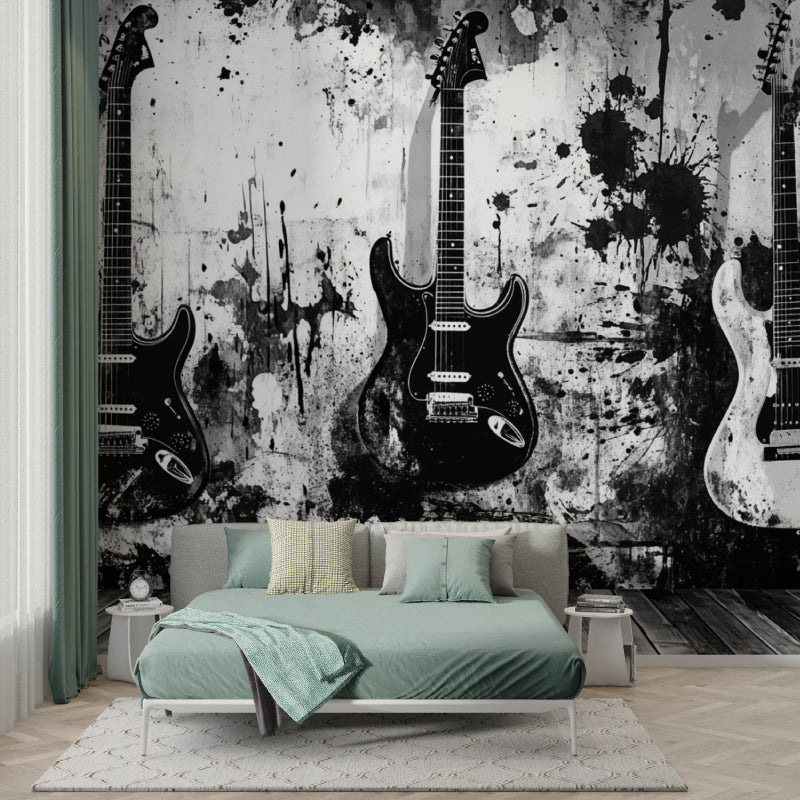 Black and white guitar wallpaper in modern living room showing dramatic contrast and urban style