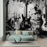 Black and white guitar wallpaper in modern living room showing dramatic contrast and urban style