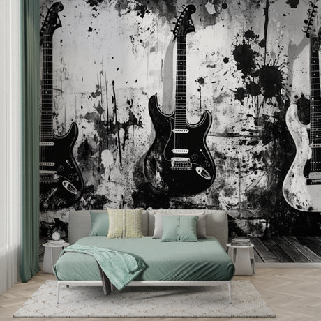 Black and white guitar wallpaper in modern living room showing dramatic contrast and urban style