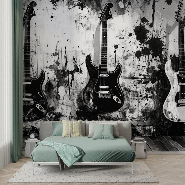 Black and white guitar wallpaper in modern living room showing dramatic contrast and urban style