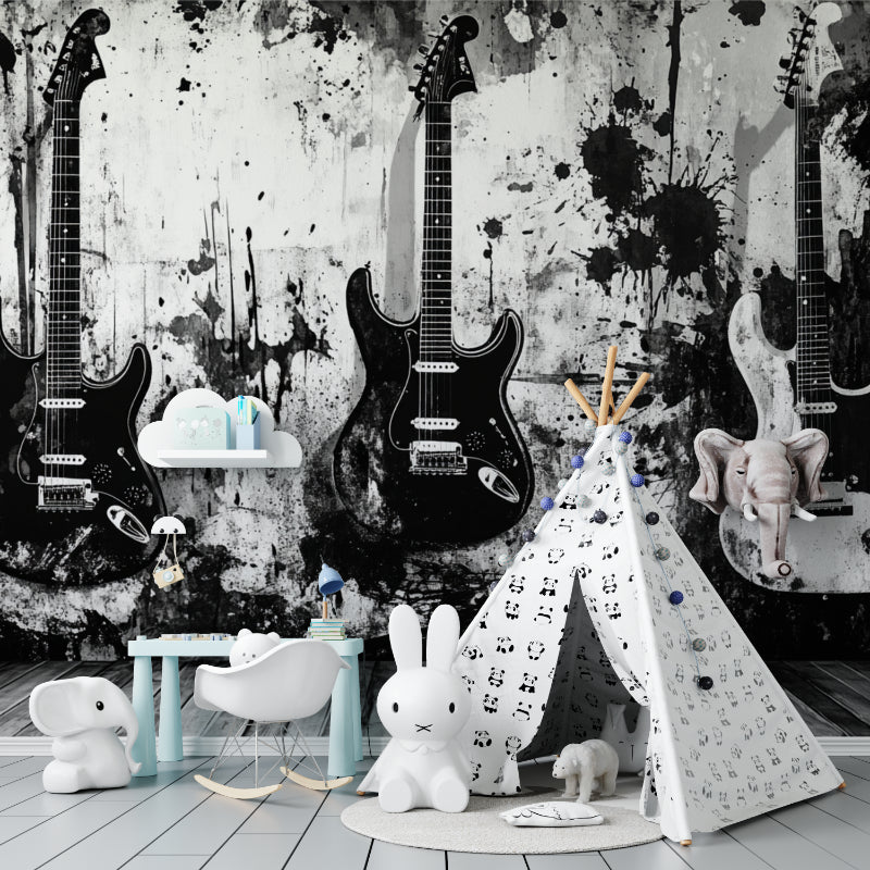 Music wall mural featuring electric guitars styled in teen bedroom with cool lighting