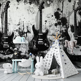 Music wall mural featuring electric guitars styled in teen bedroom with cool lighting