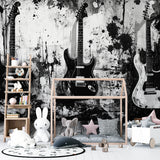 Guitar wallpaper design showcased in home music studio with instruments