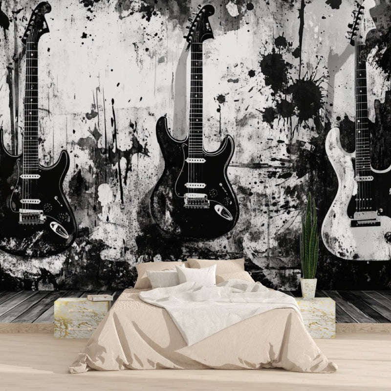 Electric guitar wall mural creating focal point in contemporary dining room