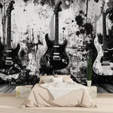 Electric guitar wall mural creating focal point in contemporary dining room