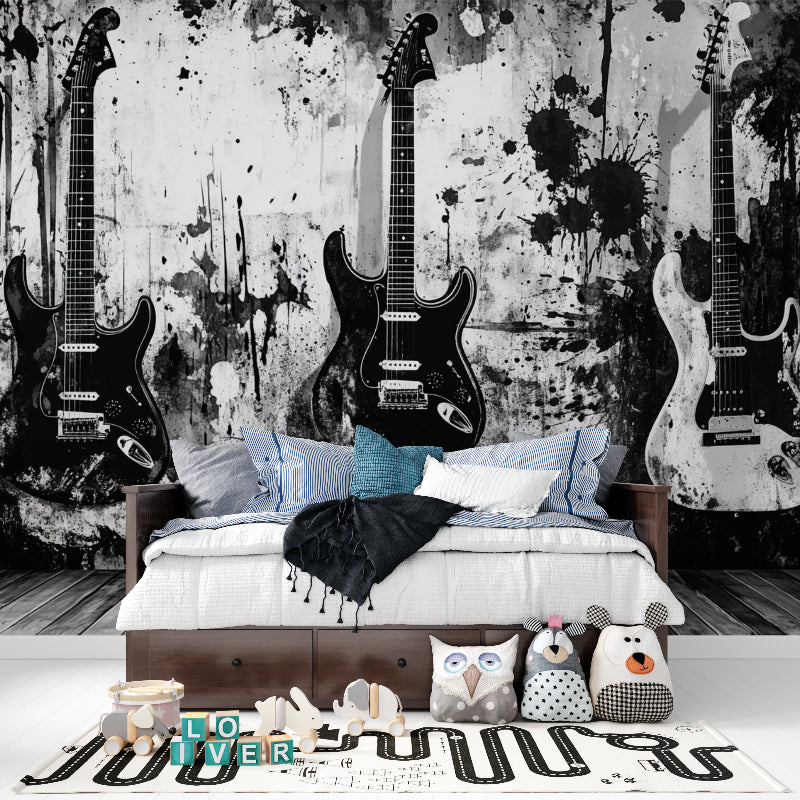Music themed wallpaper bringing rock style to modern home office setup