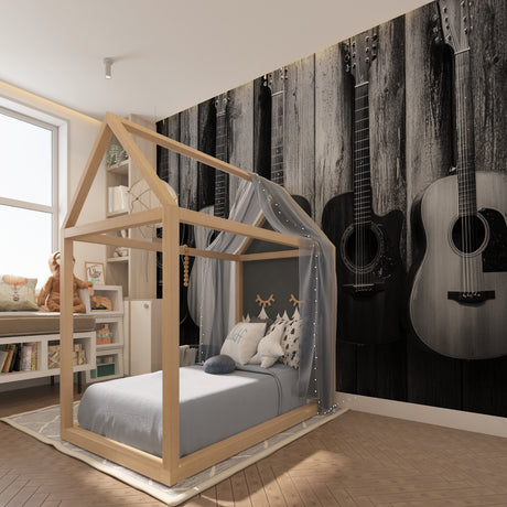 Black and white guitar mural wallpaper in modern living room creating a sophisticated music atmosphere