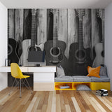 Guitar wall mural displayed in home studio showing acoustic instruments in monochrome style