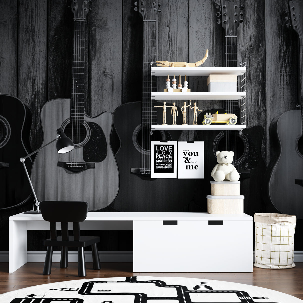 Black and white guitar collection mural bringing musical style to office space
