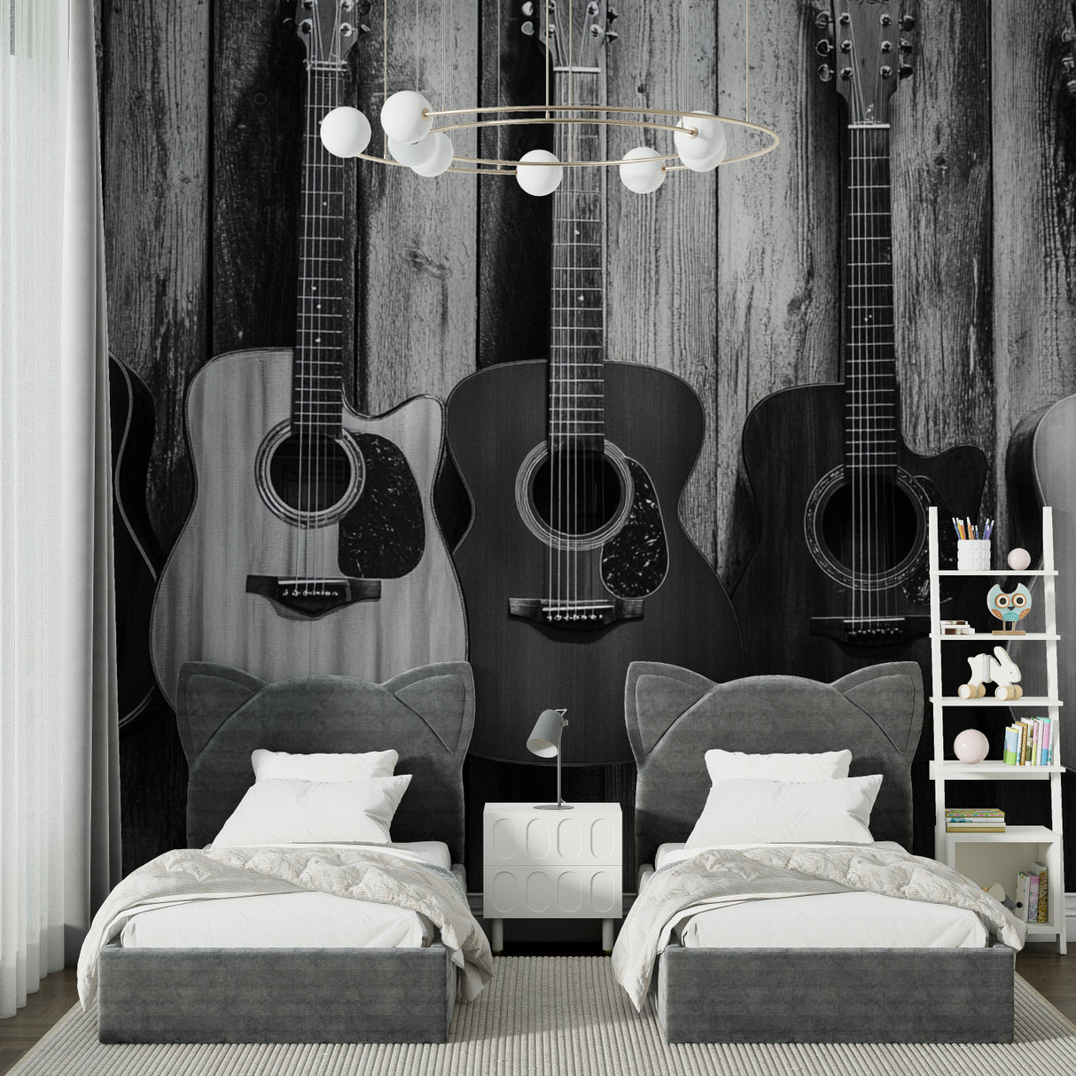 Guitar wall mural installation in bedroom showing full wall coverage with musical instruments