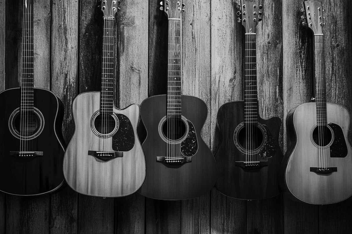 Design file of black and white guitar collection wallpaper showing detailed instrument pattern