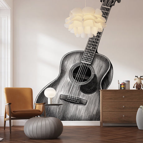 Black and white guitar mural wallpaper displayed in modern living room, creating an artistic focal point