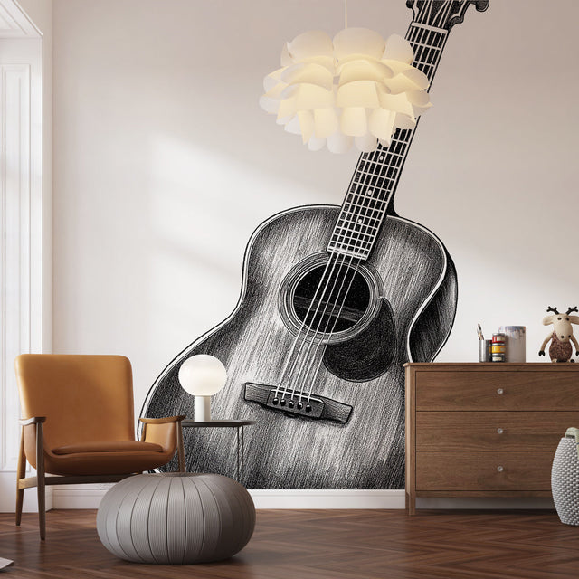 Black and white guitar mural wallpaper displayed in modern living room, creating an artistic focal point