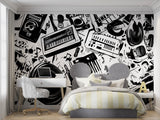 Music themed wallpaper in modern recording studio showing black and white instrument pattern