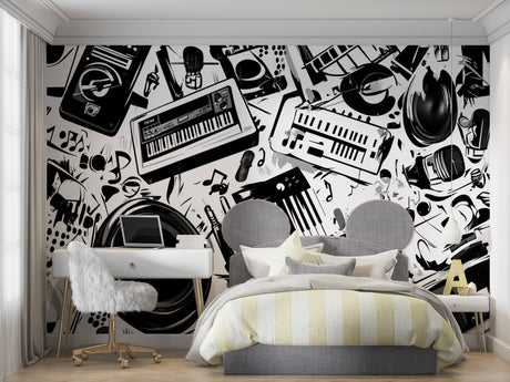 Music themed wallpaper in modern recording studio showing black and white instrument pattern