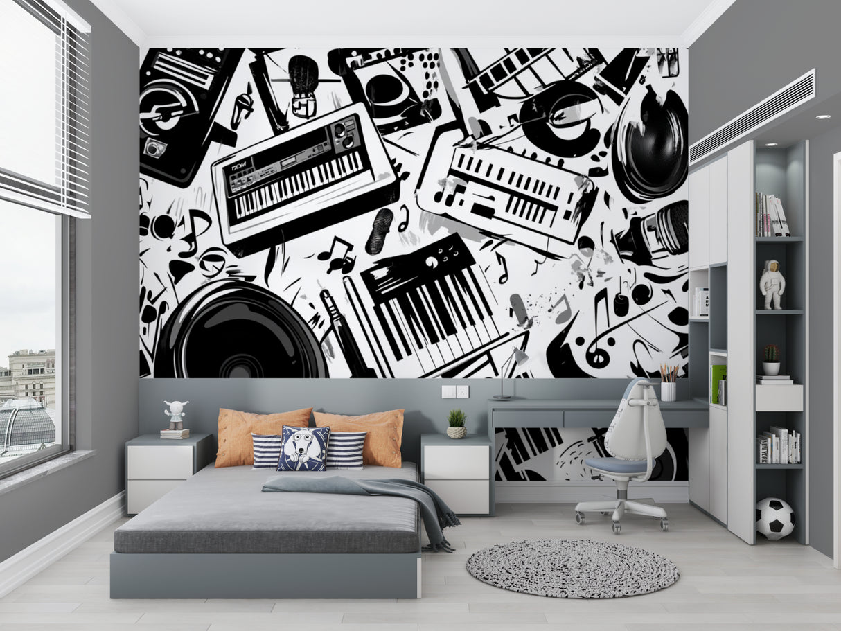 Black and white music wallpaper displayed in teenage bedroom with guitar collection