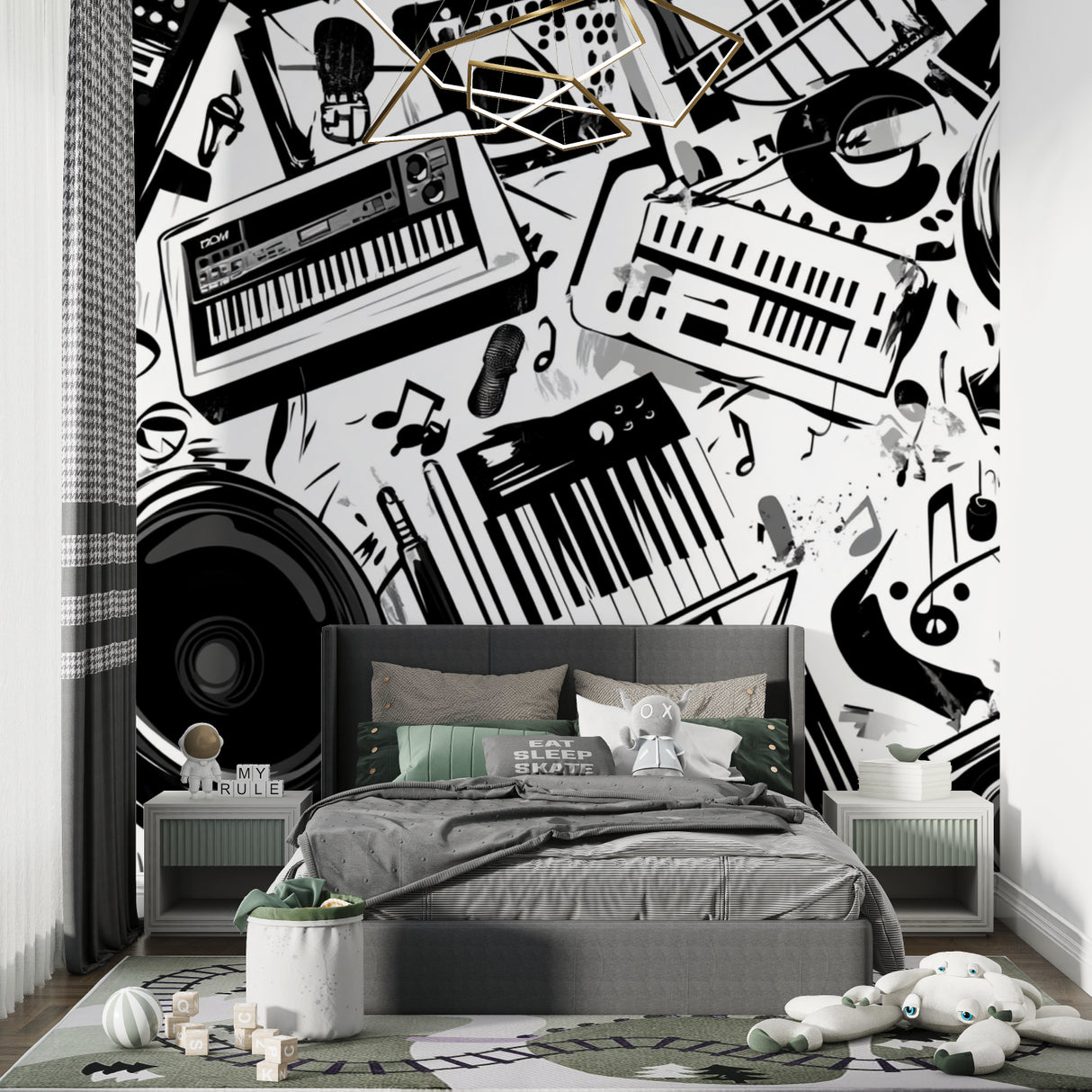 Musical instrument wallpaper creating bold statement in living room entertainment area