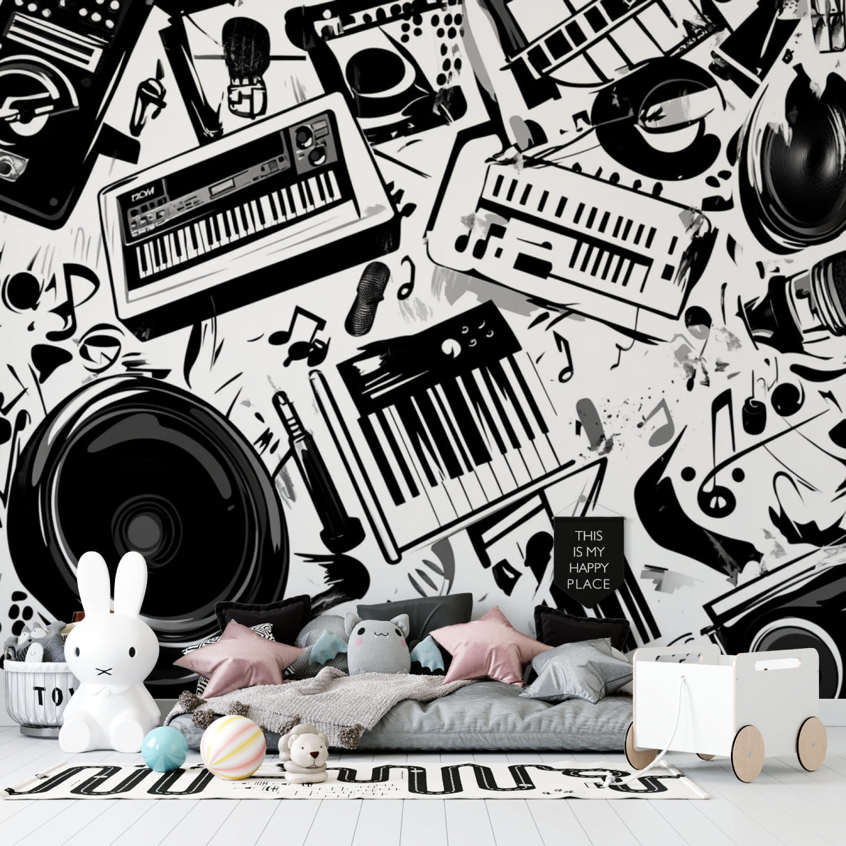 Music themed wall mural in modern home office showing scale and pattern detail