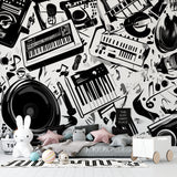 Music themed wall mural in modern home office showing scale and pattern detail