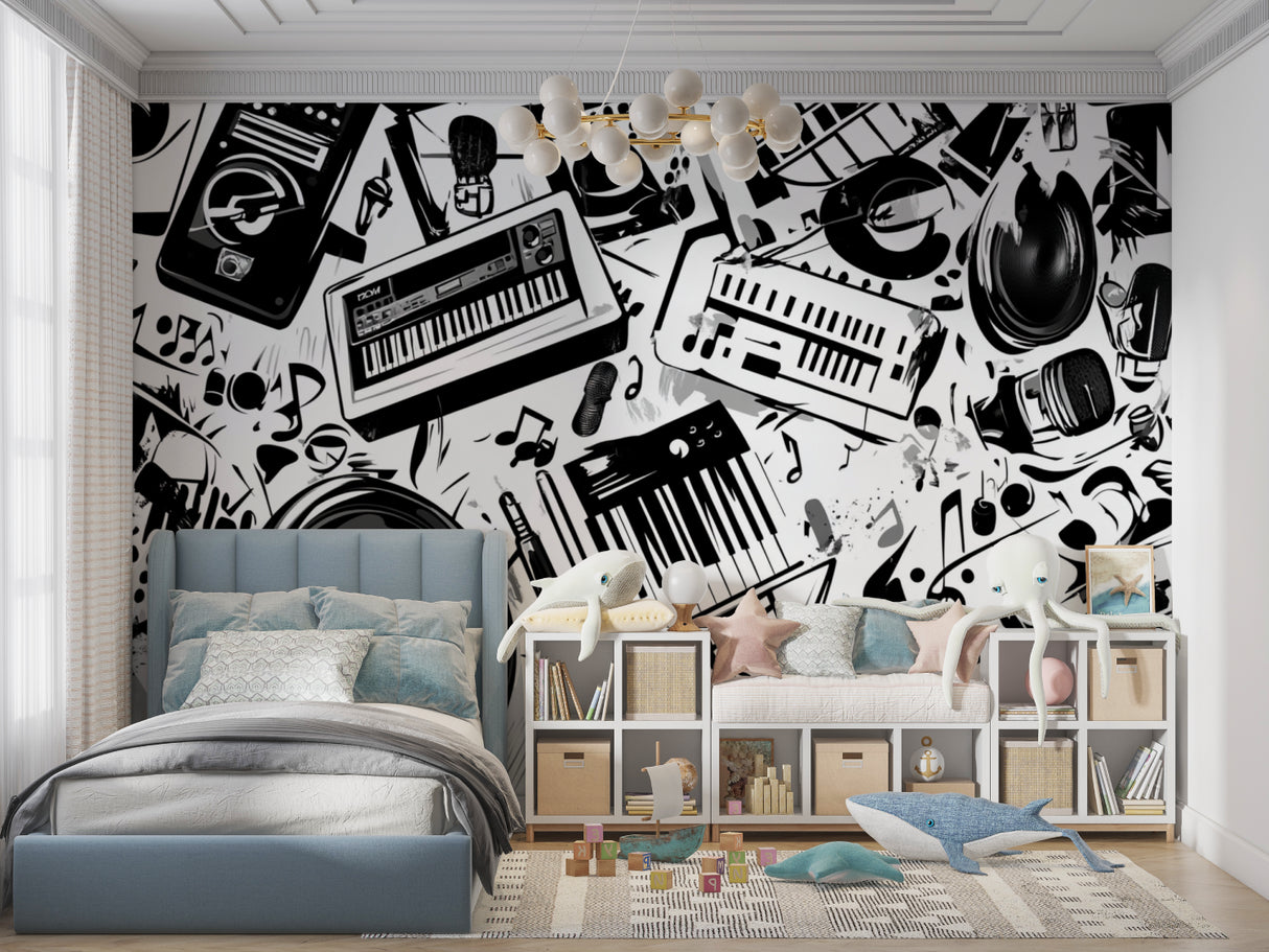 Black and white music wallpaper installation in practice room with piano