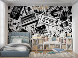 Black and white music wallpaper installation in practice room with piano