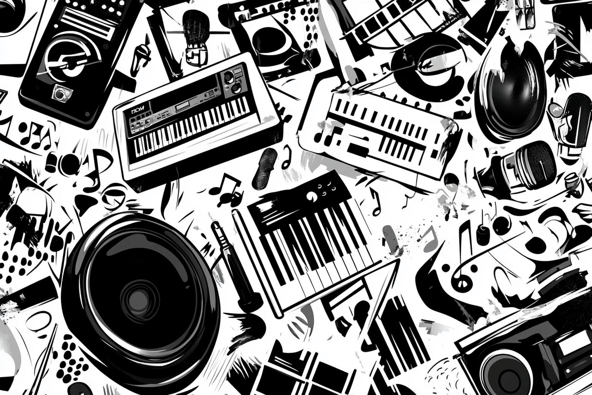 Design file showing full black and white musical instruments pattern and detail