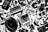 Design file showing full black and white musical instruments pattern and detail