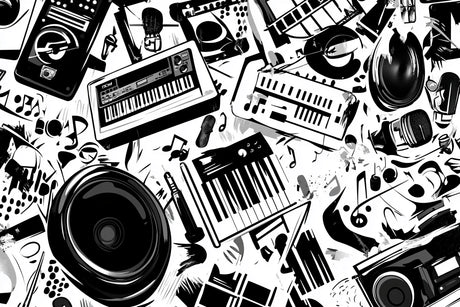 Design file showing full black and white musical instruments pattern and detail