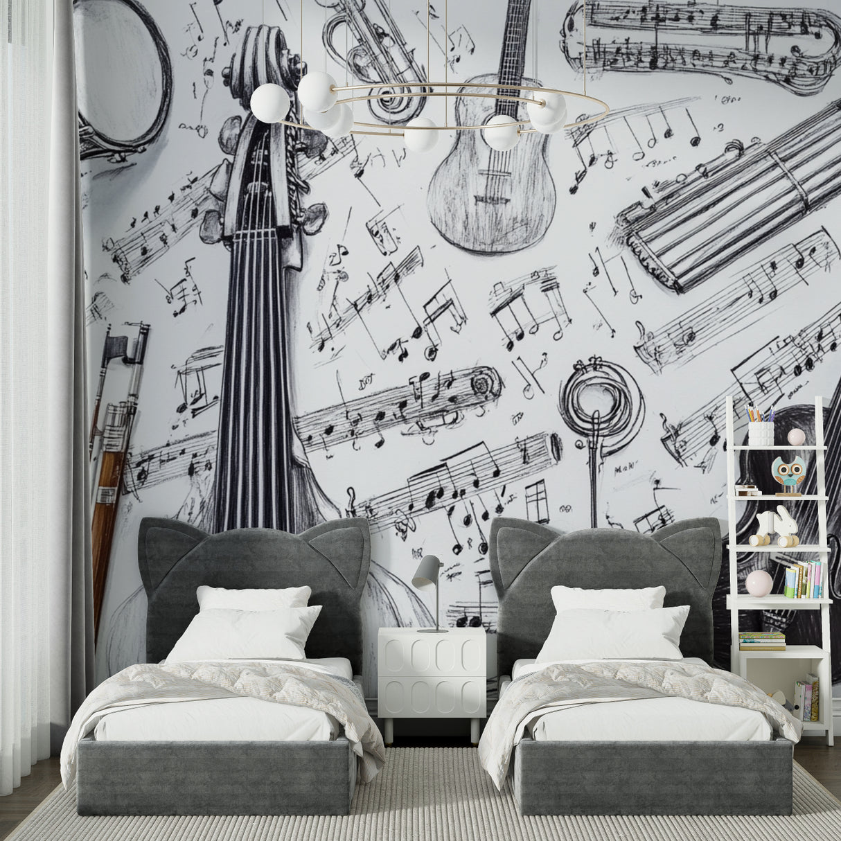 Music themed wallpaper in modern living room showing black and white instrument sketches creating artistic atmosphere