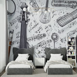Music themed wallpaper in modern living room showing black and white instrument sketches creating artistic atmosphere