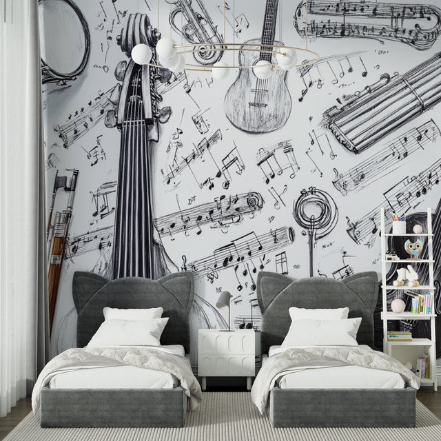 Music themed wallpaper in modern living room showing black and white instrument sketches creating artistic atmosphere