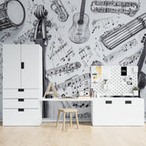 Black and white musical instrument wallpaper displayed in recording studio with acoustic treatment