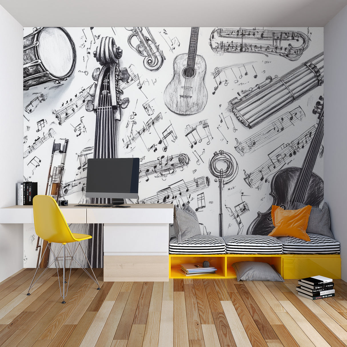 Musical notes wall mural bringing artistic touch to bedroom interior with piano corner