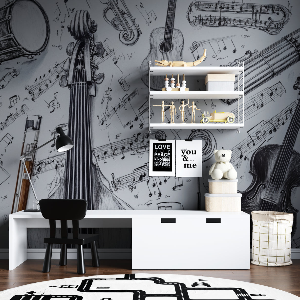 Music themed wall art installed in home office showing scale and pattern detail