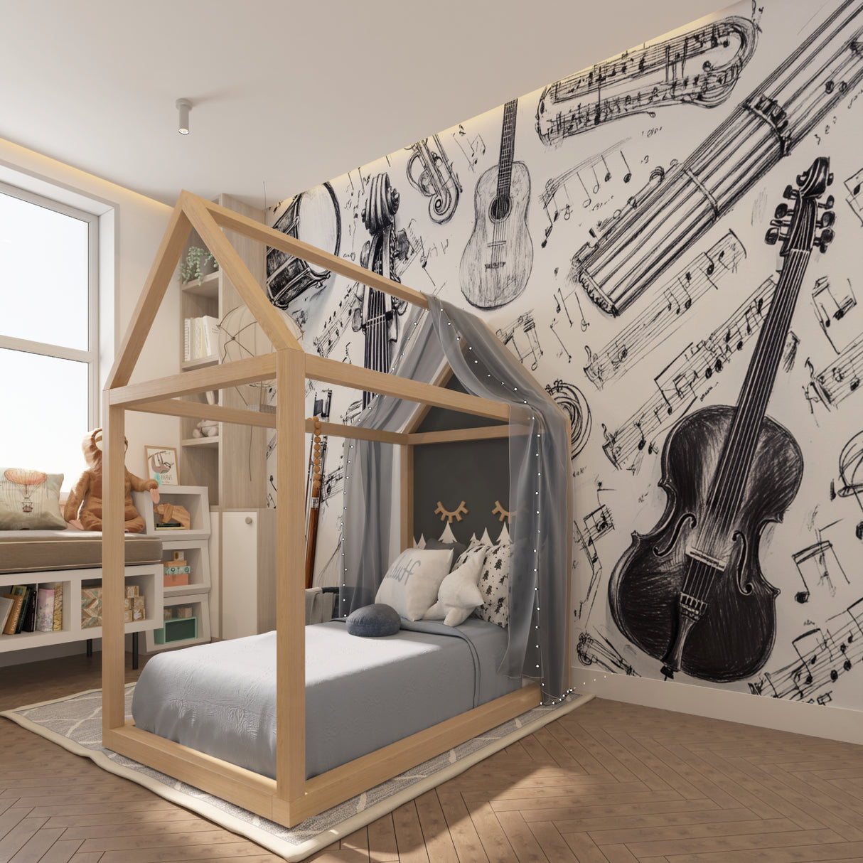 Black and white instrument wallpaper creating focal point in music school waiting area