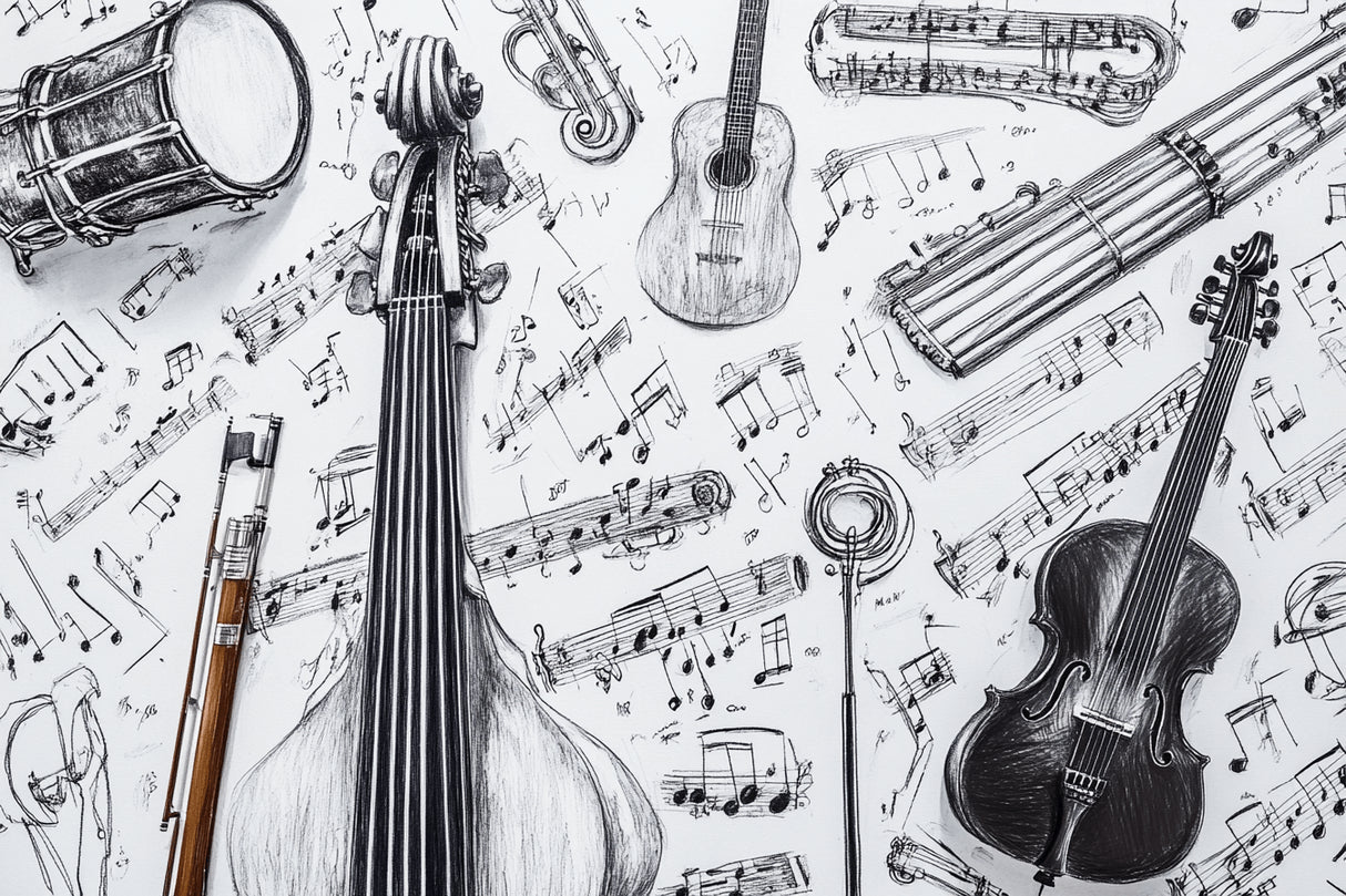 Design file of black and white musical instruments sketch pattern showing intricate details and flowing notes