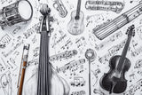 Design file of black and white musical instruments sketch pattern showing intricate details and flowing notes