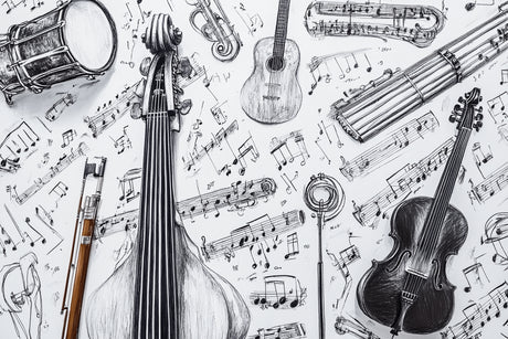 Design file of black and white musical instruments sketch pattern showing intricate details and flowing notes