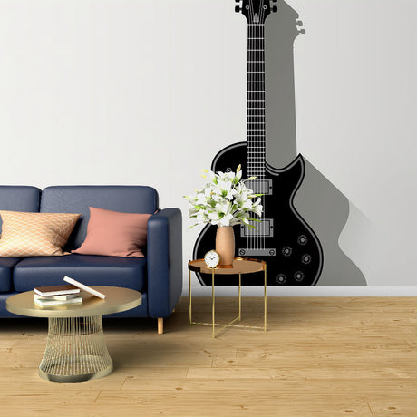 Electric guitar wallpaper mural displayed in modern music room, creating dramatic black and white focal point