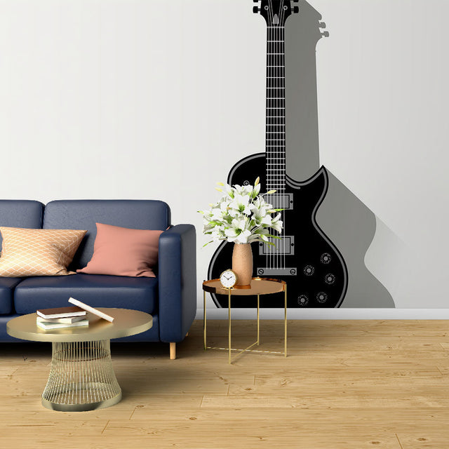 Electric guitar wallpaper mural displayed in modern music room, creating dramatic black and white focal point
