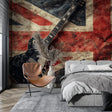 British flag guitar wallpaper styled in modern living room with leather sofa and ambient lighting